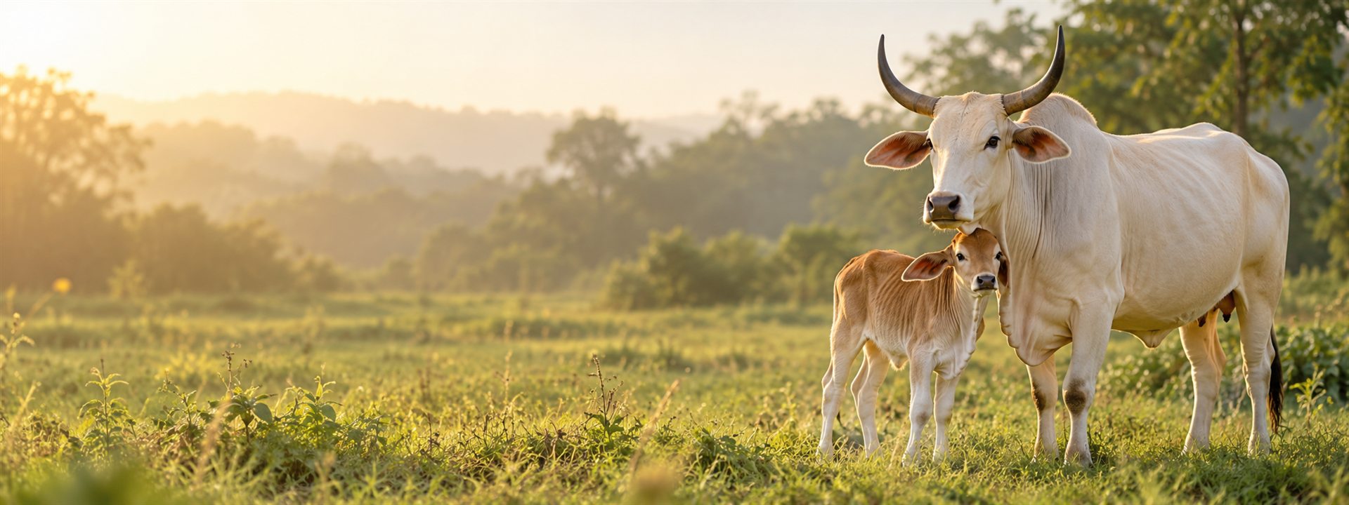 A cow standing protectively beside her calf in a sunlit field