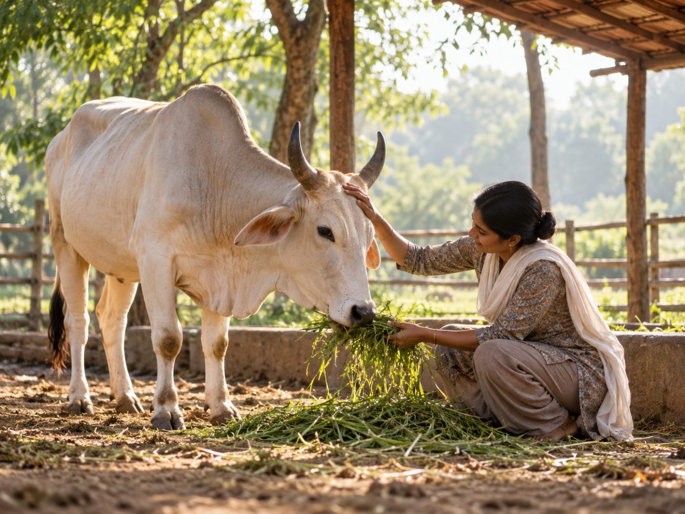 Illustrative placeholder of compassionate cow care in a rural shelter