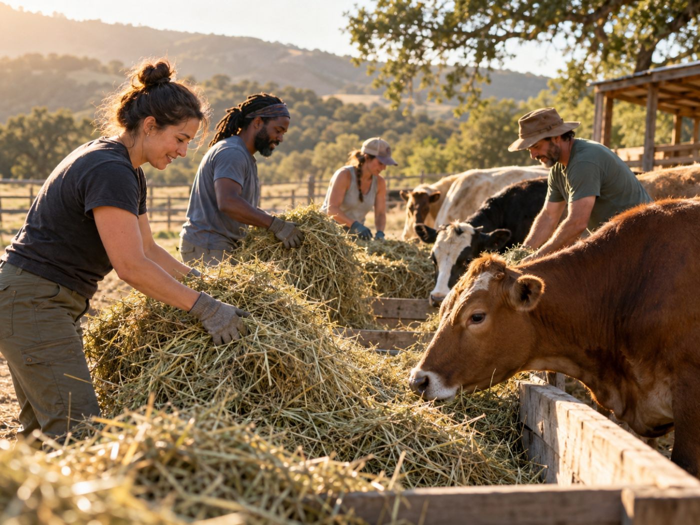 Illustrative placeholder showing volunteers preparing hay near cows