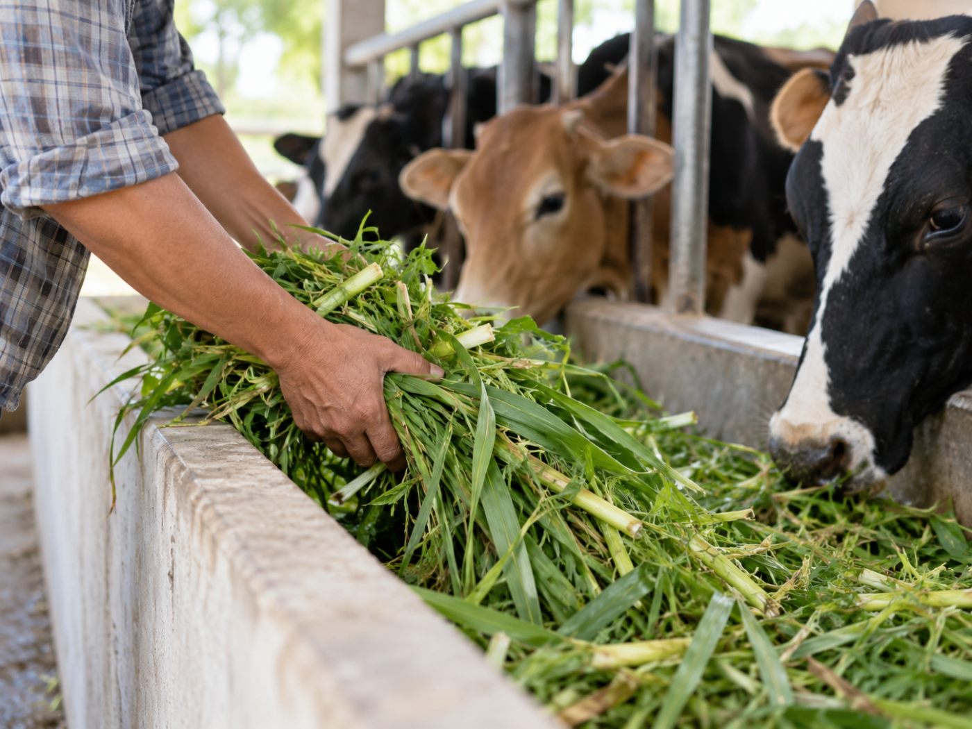 Illustrative placeholder showing fresh fodder being placed in a cow feeding trough